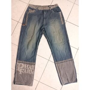 Phat Farm Mens Jeans Size 34x33 Blue Denim Baggy Fit Patched Logo Patchwork Y2K